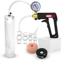 Black Handle Installed Gauge Penis Pump with Clear Hose, Donut, Vacuum Seal and 4 Sizes of Rings, 9 inch x 2 inch Cylinder Y640792