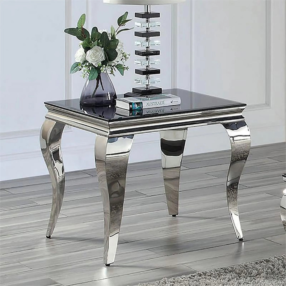 Black and Silver Glass Top End Table O69846
