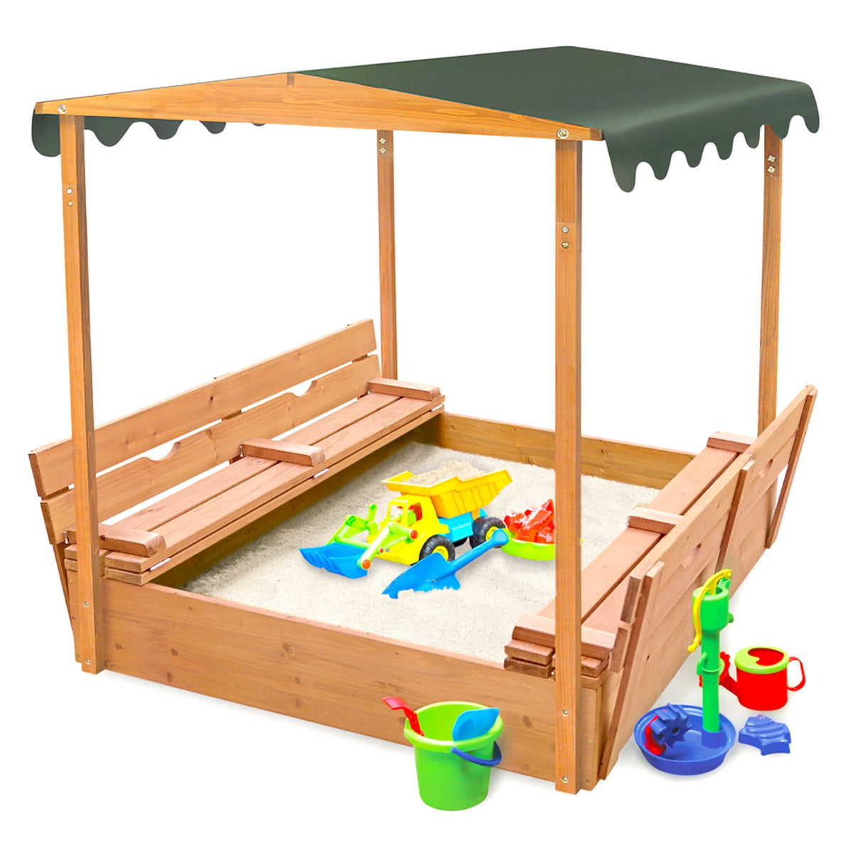 Covered Convertible Cedar Sandbox with Canopy and Two Bench Seats P271731