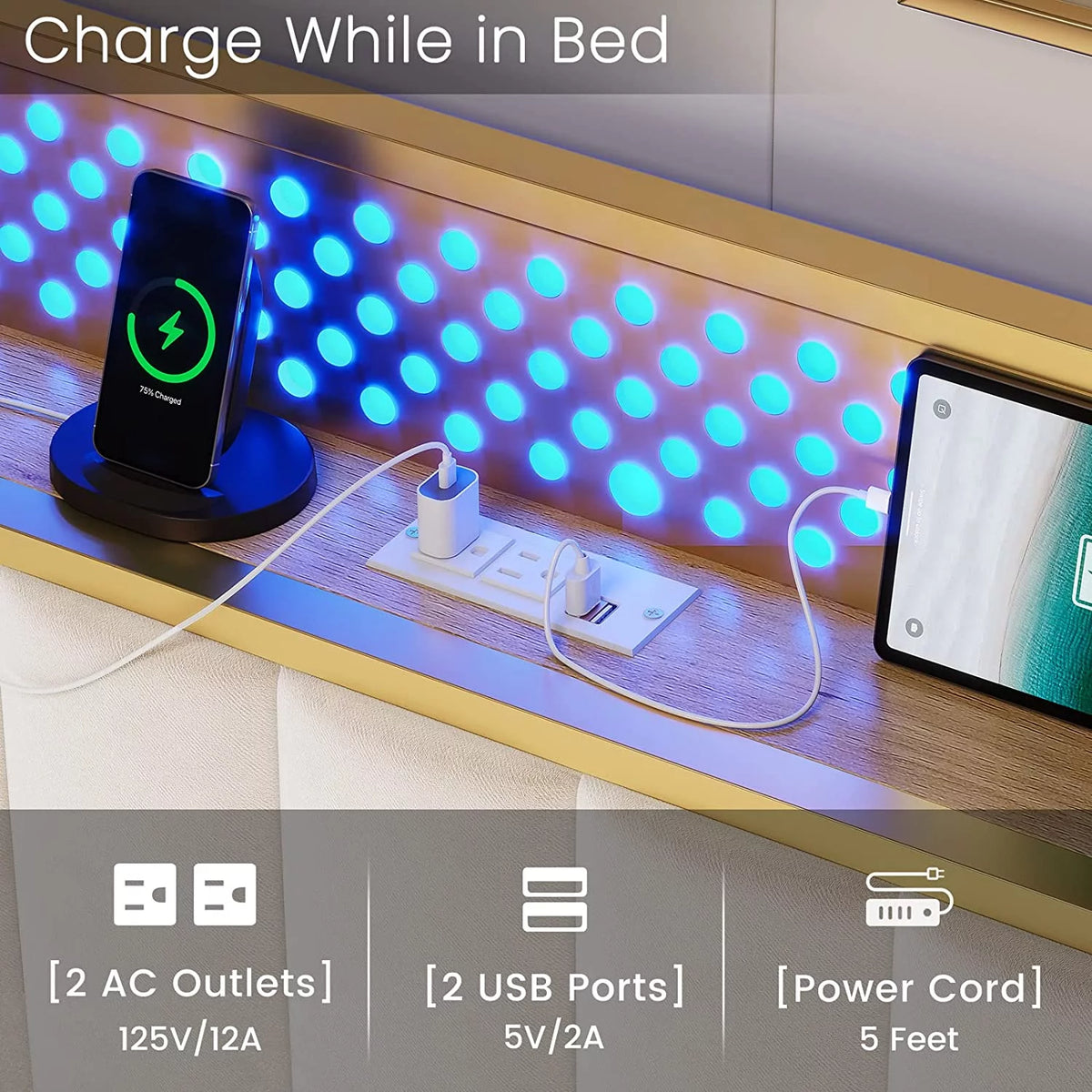 King Size White Upholstered Bed Frame with Charging Station U7553