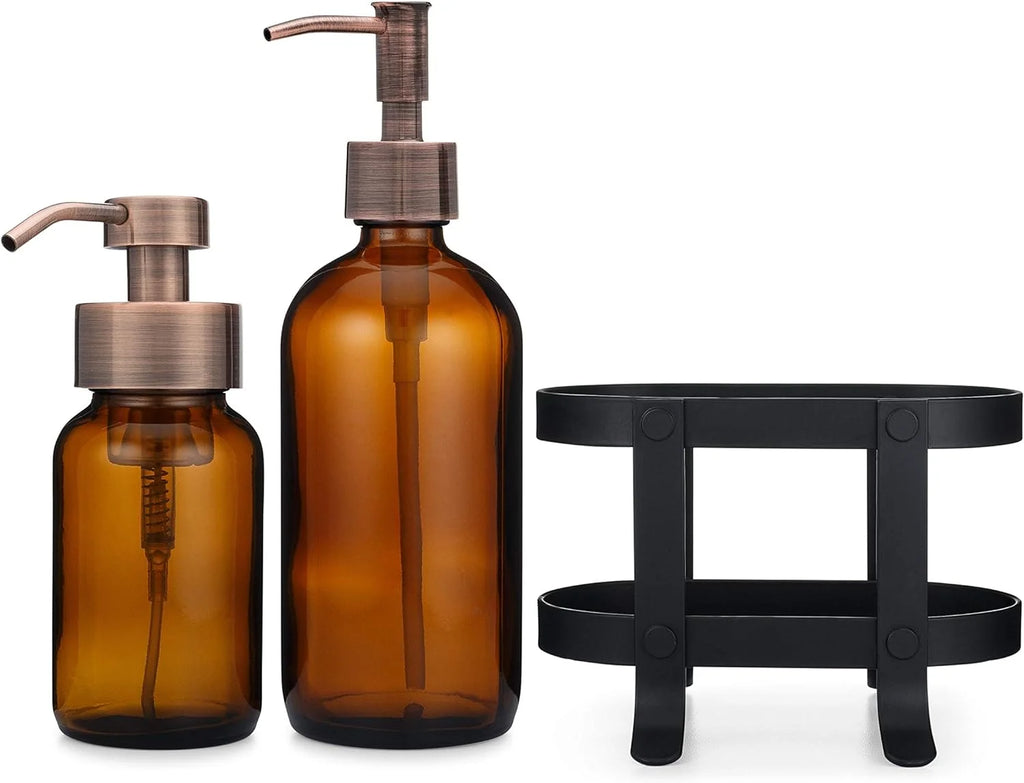 Amber Glass Soap Dispenser Set With Caddy Stand X479308