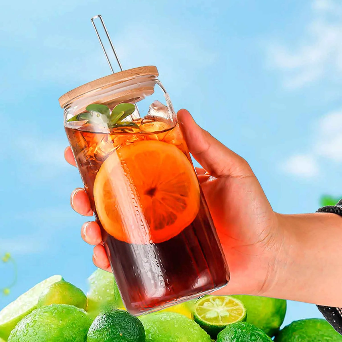 Can Shaped Glass Cups with Bamboo Lids and Glass Straw 6pcs P56865