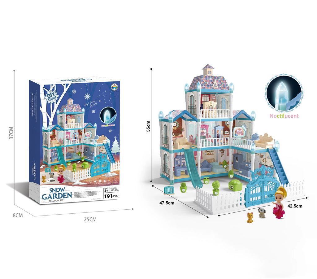 8 Room Dollhouse Play Set with Slide Doll and Furniture Accessories, 191 Pcs D864