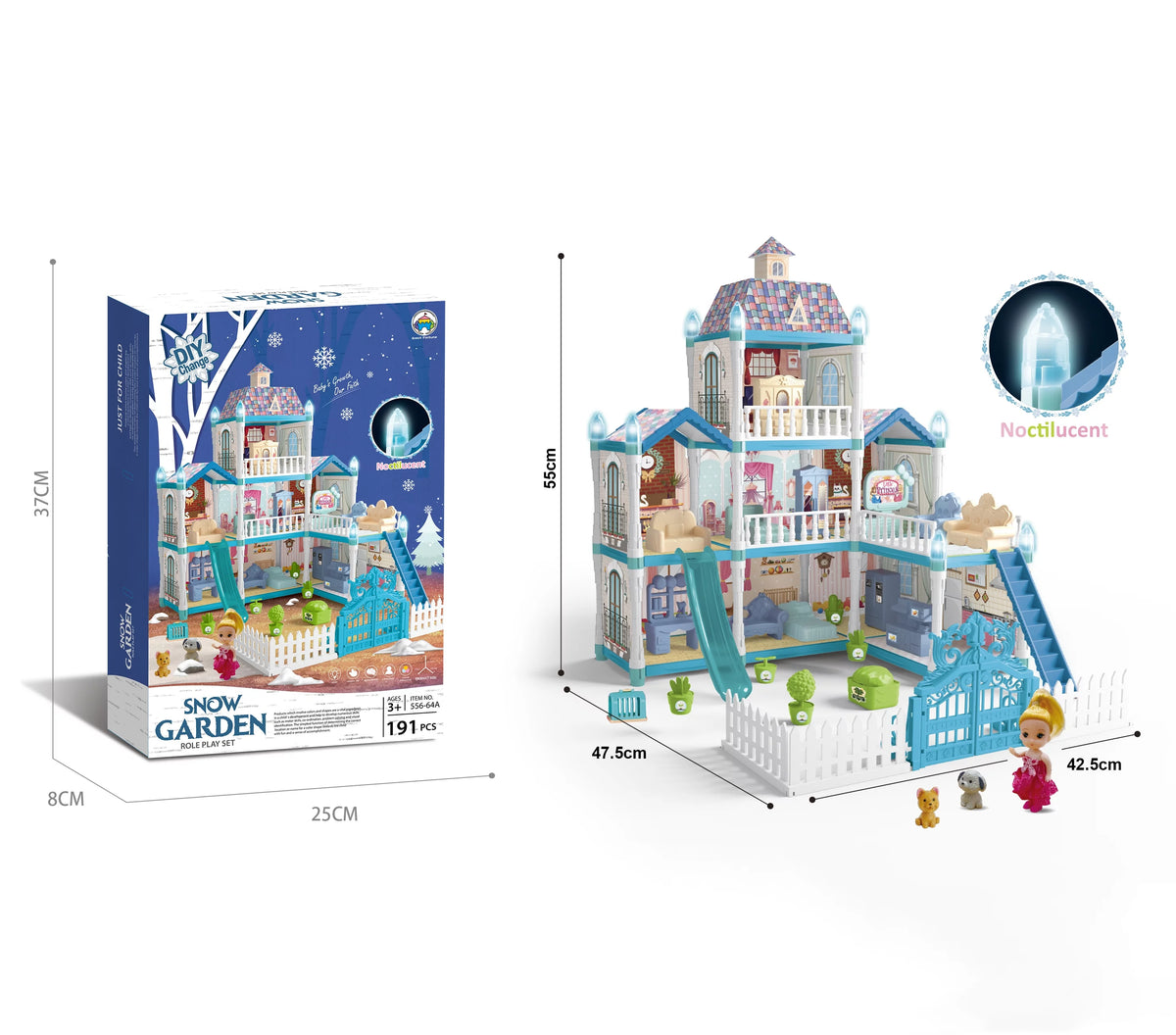 8 Room Dollhouse Play Set with Slide Doll and Furniture Accessories, 191 Pcs D864