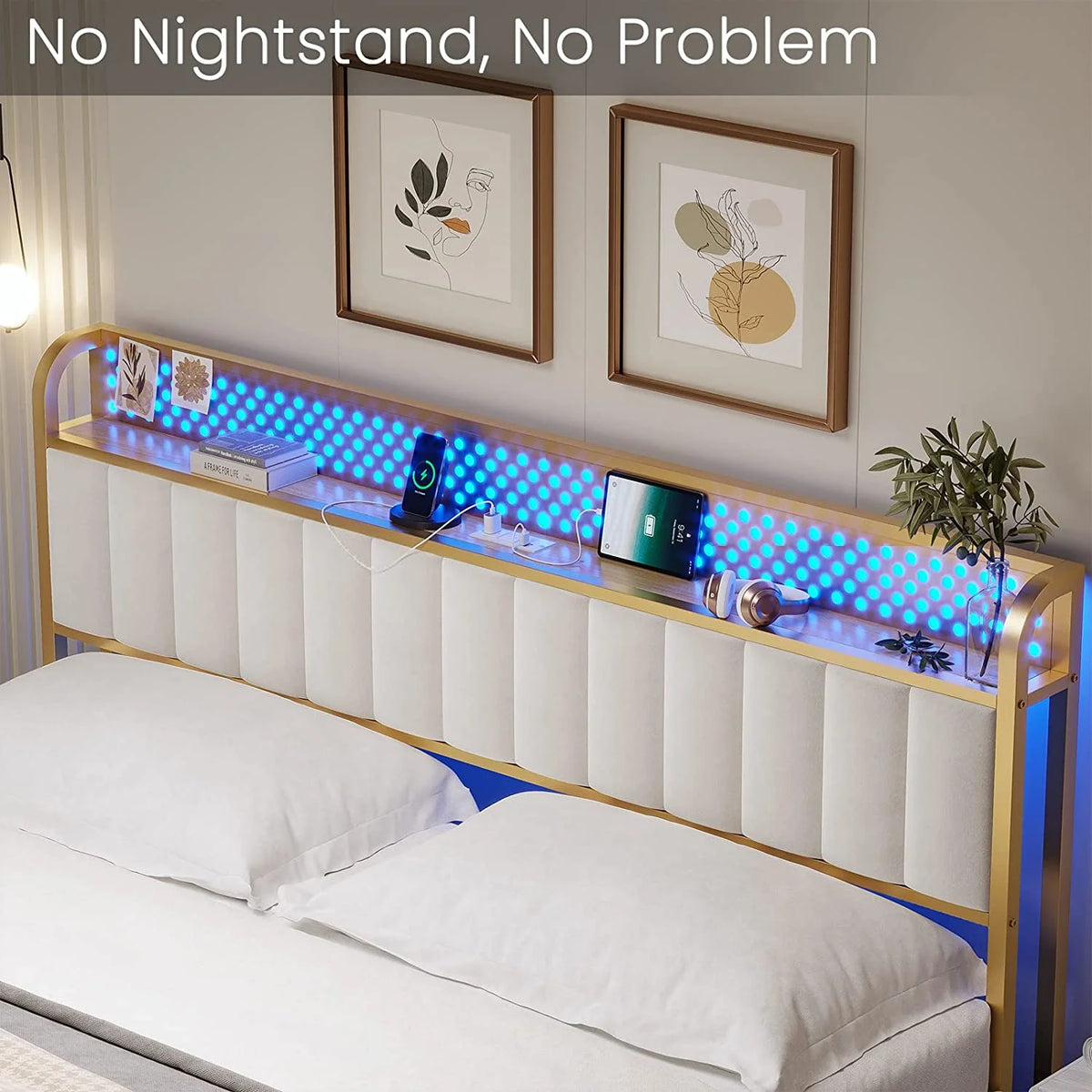 King Size White Upholstered Bed Frame with Charging Station U7553