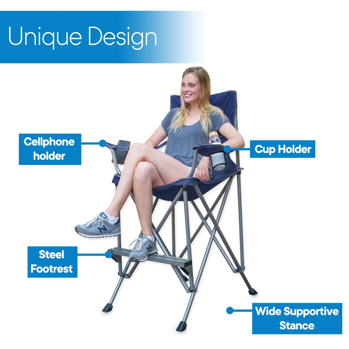 Extra Tall Blue Folding Chair with Footrest and Carrying Bag X194839