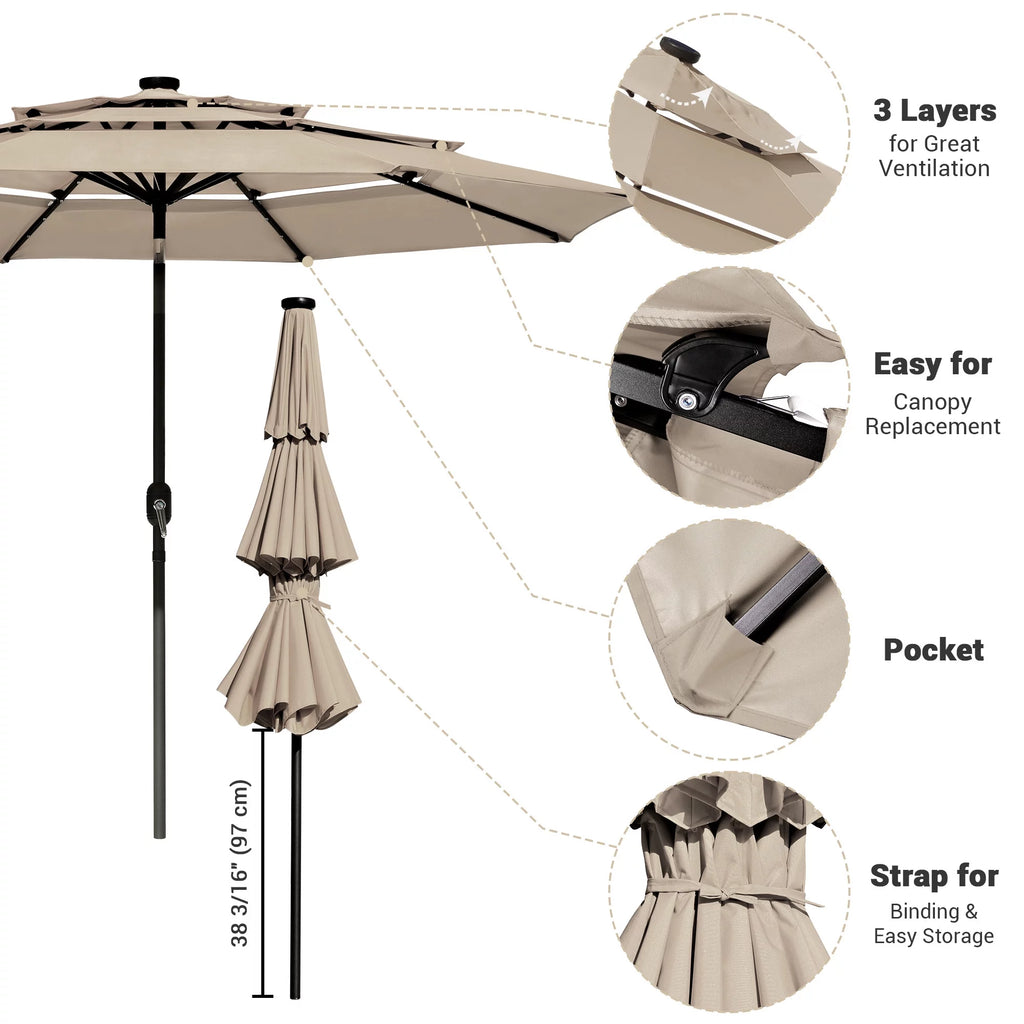 10 Ft 3 Tier Solar LED Patio Umbrella R1901