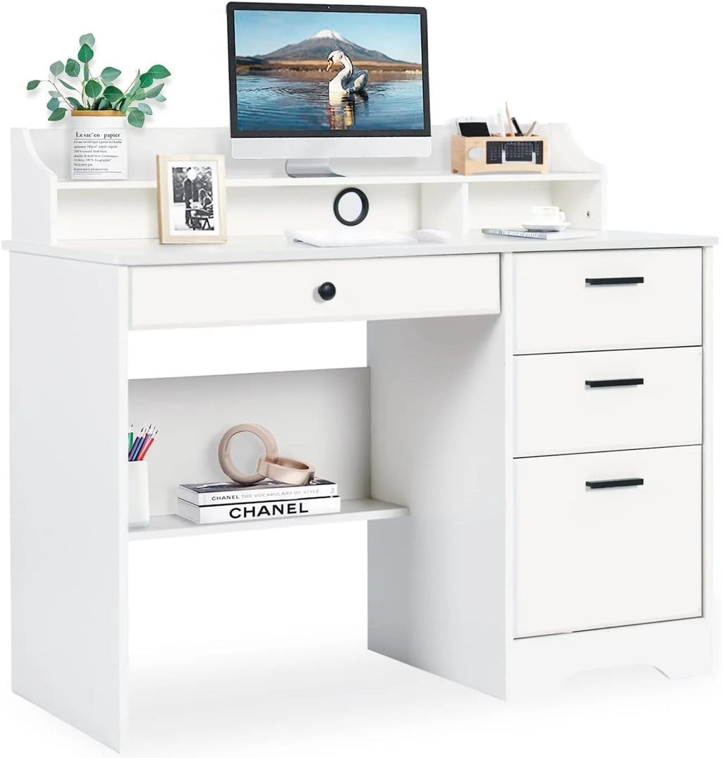 White Computer Desk with Drawers and Hutch V415236