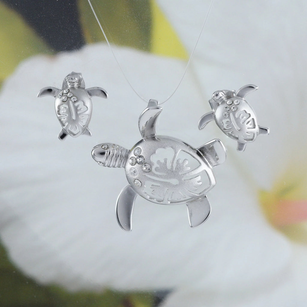Sterling Silver Turtle Hibiscus Earring and Necklace K365259