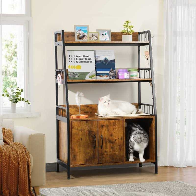 Large Wooden Cat Litter Box Enclosure with Storage Shelves H33334