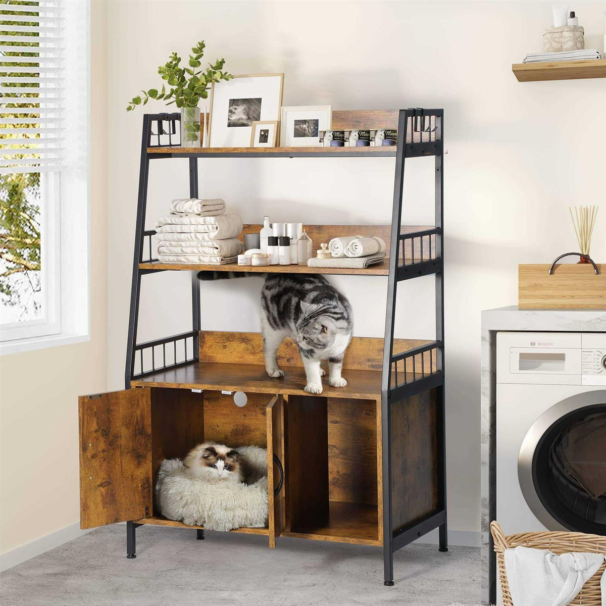 Large Wooden Cat Litter Box Enclosure with Storage Shelves H33334