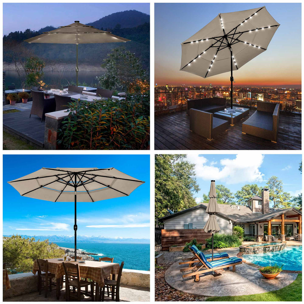 10 Ft 3 Tier Solar LED Patio Umbrella R1901