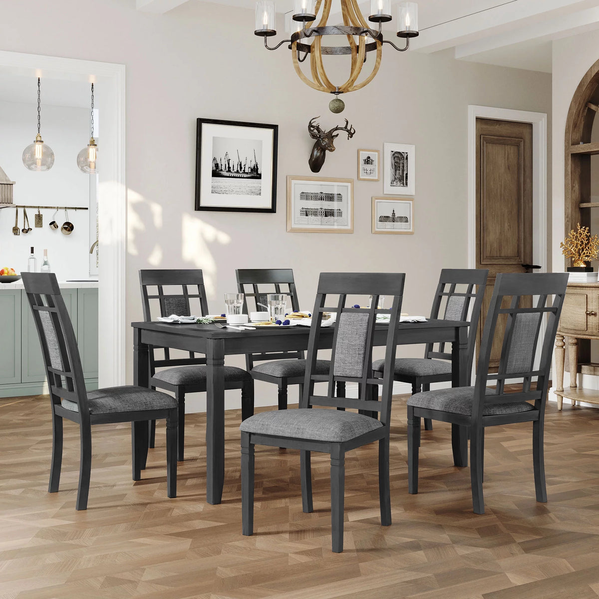 7 Pcs Dining Table and Chair Set with 6 Upholstered Chairs P695523