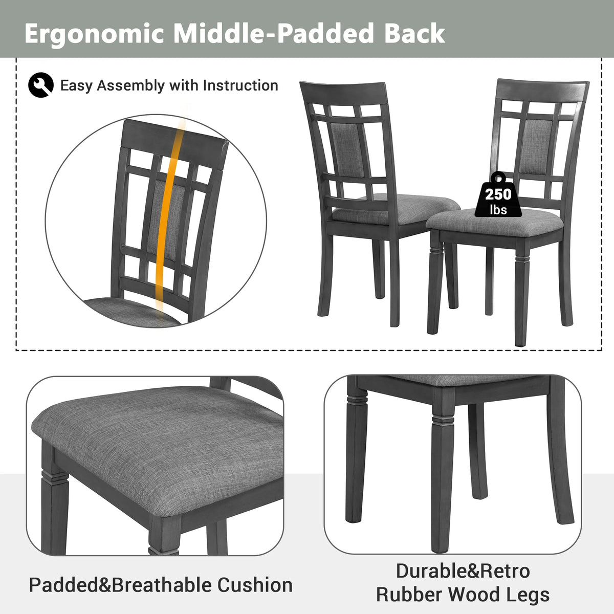 7 Pcs Dining Table and Chair Set with 6 Upholstered Chairs P695523