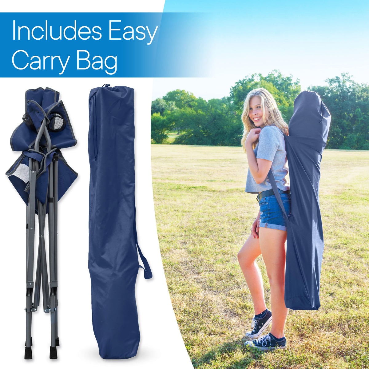 Extra Tall Blue Folding Chair with Footrest and Carrying Bag X194839