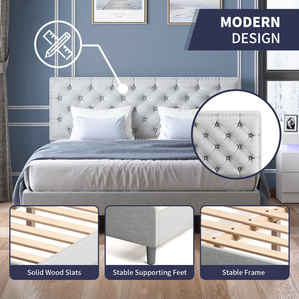 King Upholstered Platform Bed Frame with Adjustable Headboard Q5678