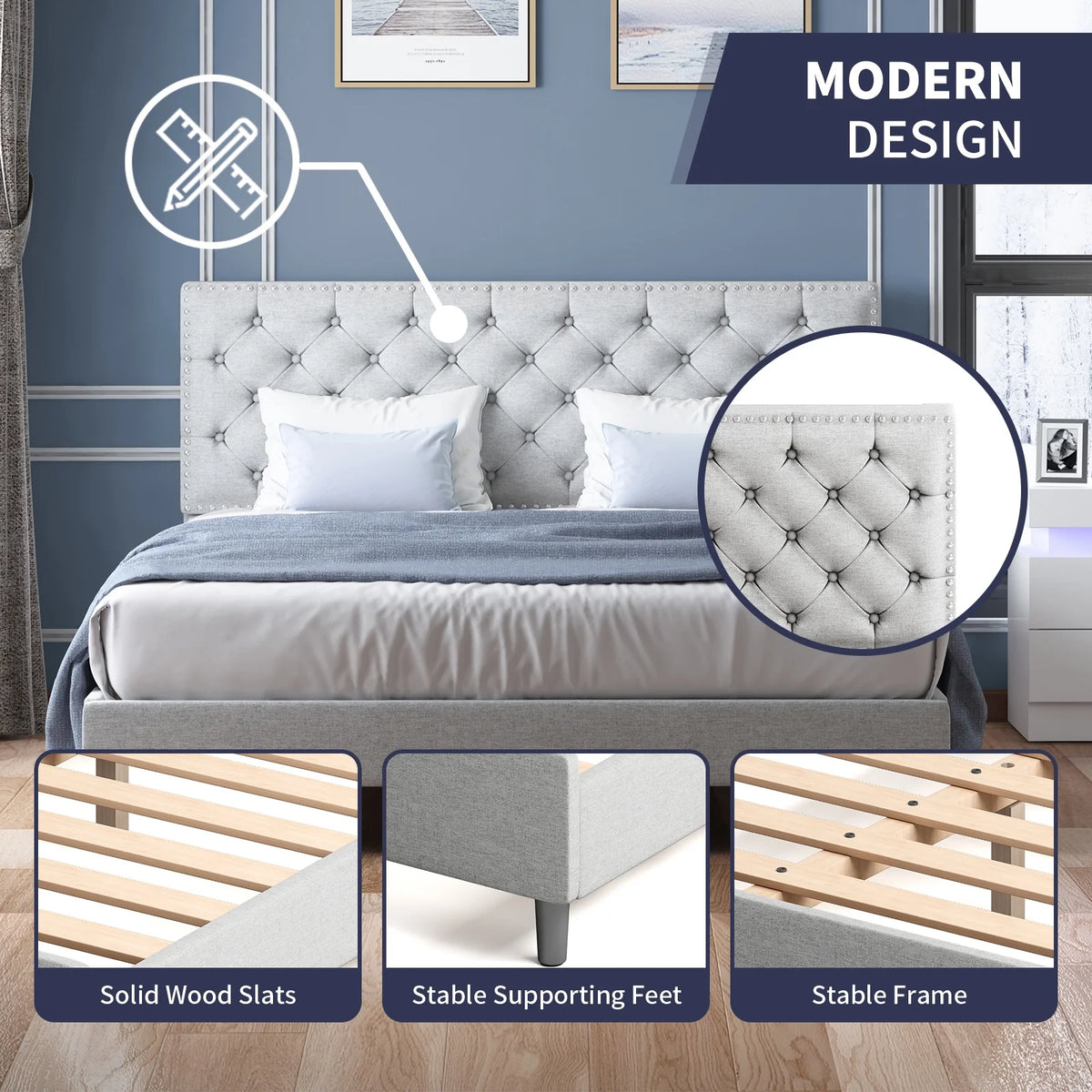 King Upholstered Platform Bed Frame with Adjustable Headboard Q5678