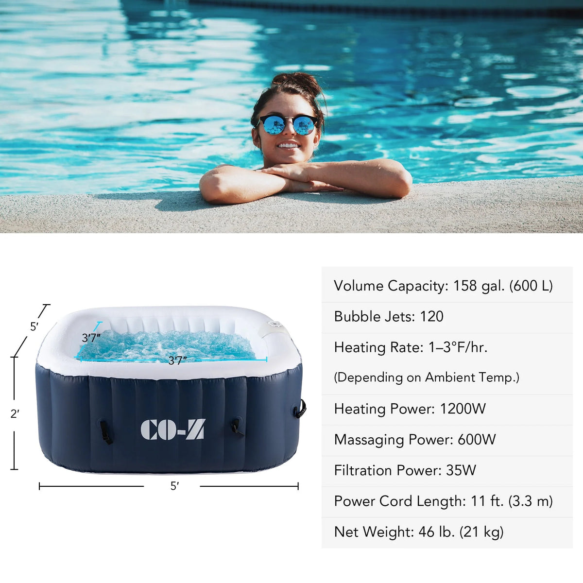 5x5ft Square Inflatable Spa Tub with 120 Massaging Jets L9768