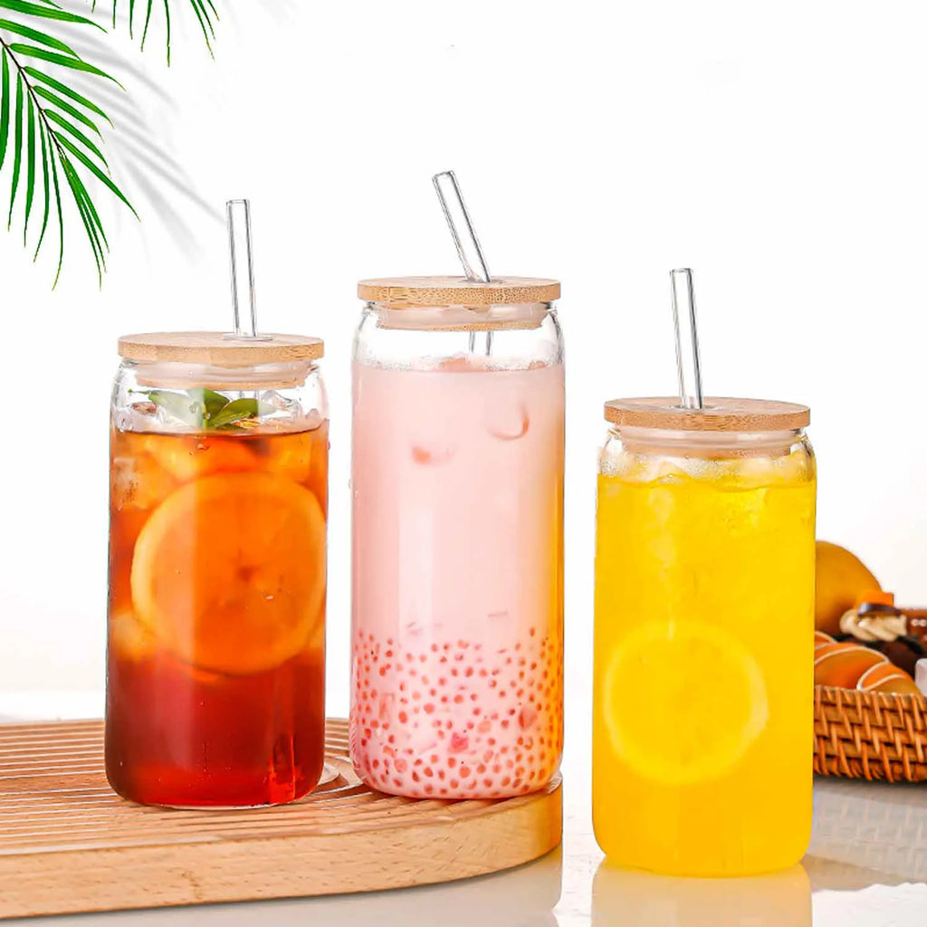 Can Shaped Glass Cups with Bamboo Lids and Glass Straw 6pcs P56865