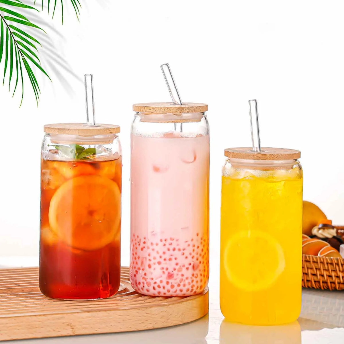 Can Shaped Glass Cups with Bamboo Lids and Glass Straw 6pcs P56865