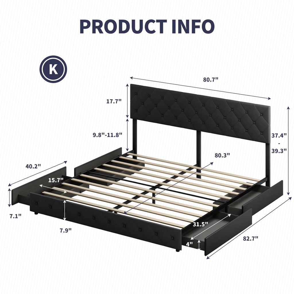 Black King Storage Bed Frame with 4 Drawers E3535