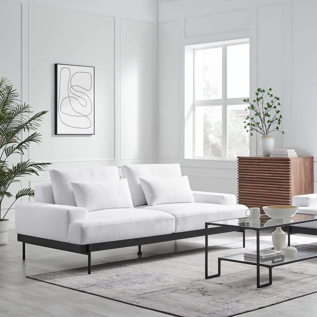 White Upholstered Polyester Fabric Sofa Q214
