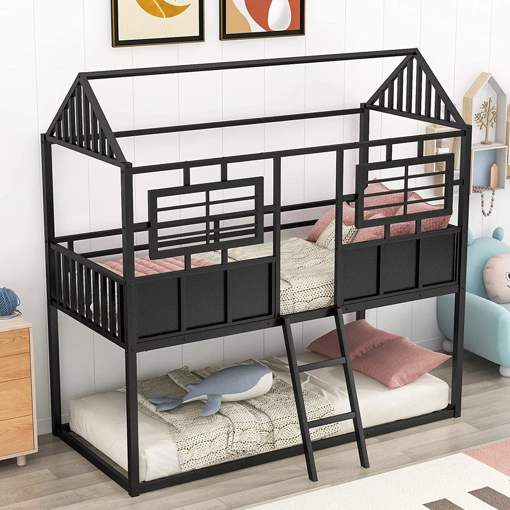 Black Metal Bunk Bed with Slide and Storage Stairs L194742