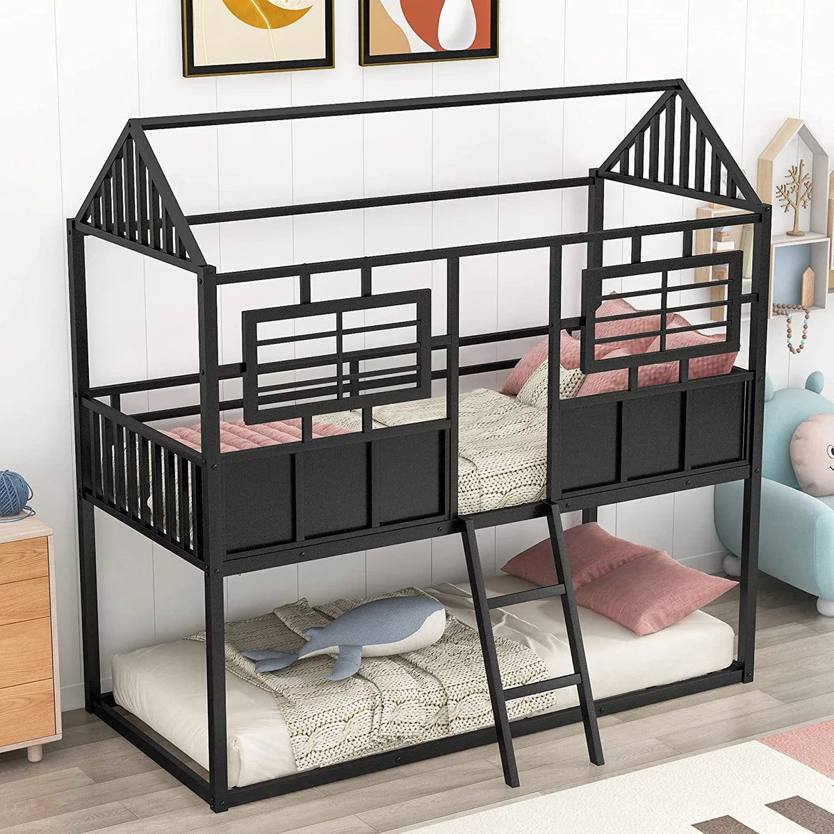 Black Metal Bunk Bed with Slide and Storage Stairs L194742