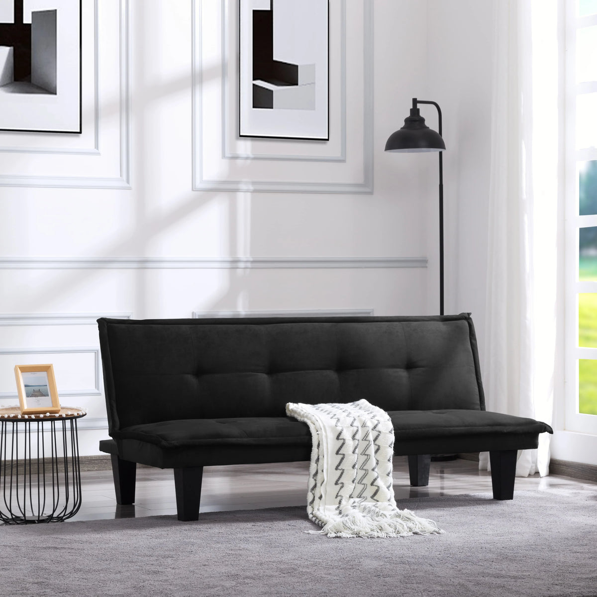 63.8 inch Black Faux Suede Convertible Futon Sofa Bed J933