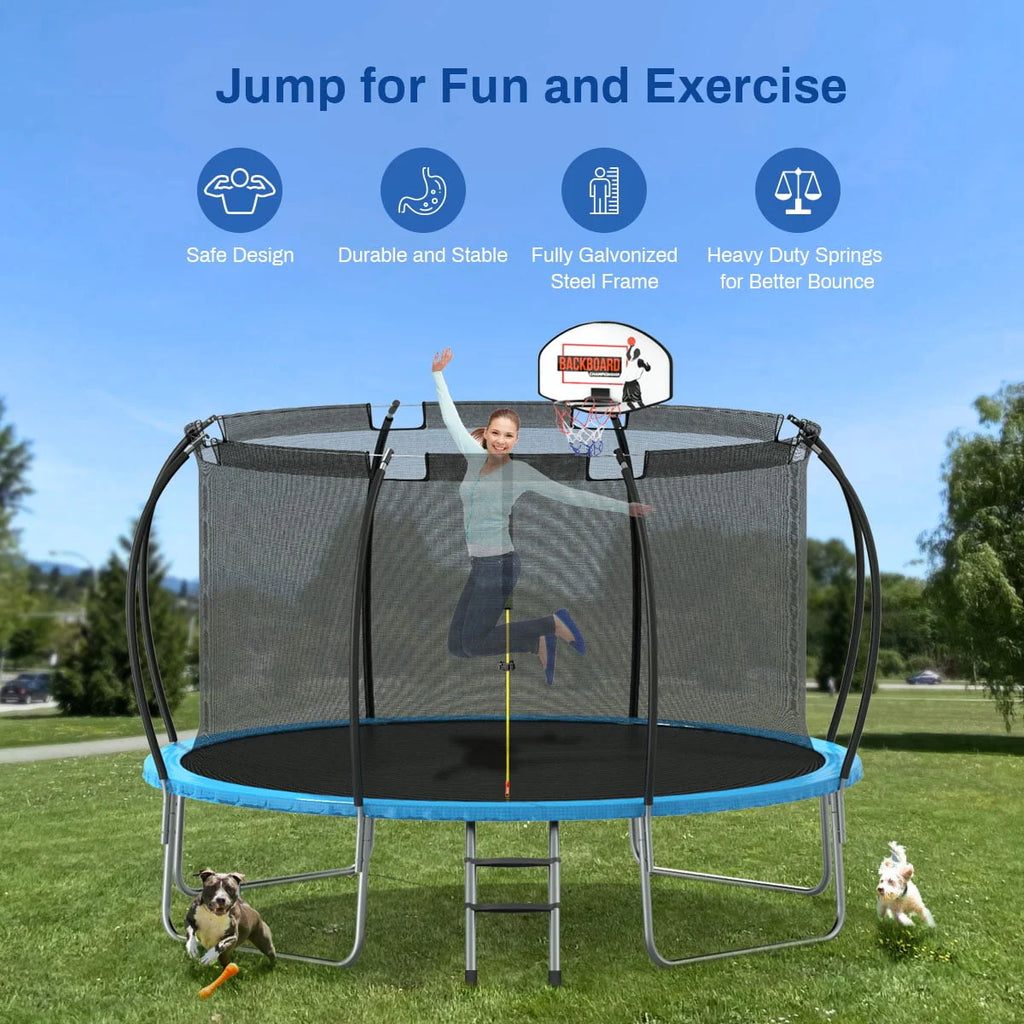 12 ft Trampoline with Enclosure and Basketball Hoop E5418