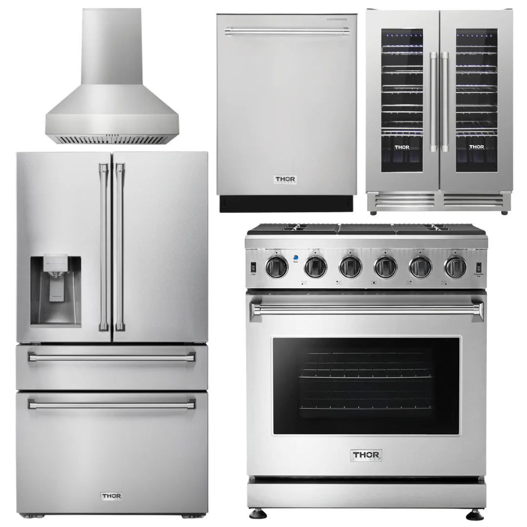 30 Gas Range, Range Hood, Refrigerator with Water and Ice Dispenser, Dishwasher, Wine Cooler G599