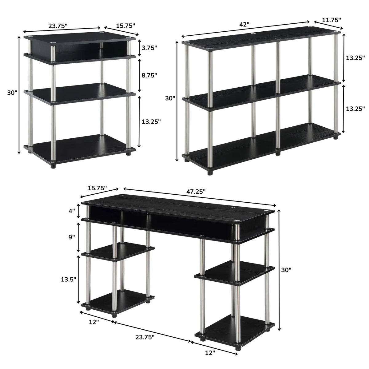 Black Desk with Printer Stand and Console Table Set V968