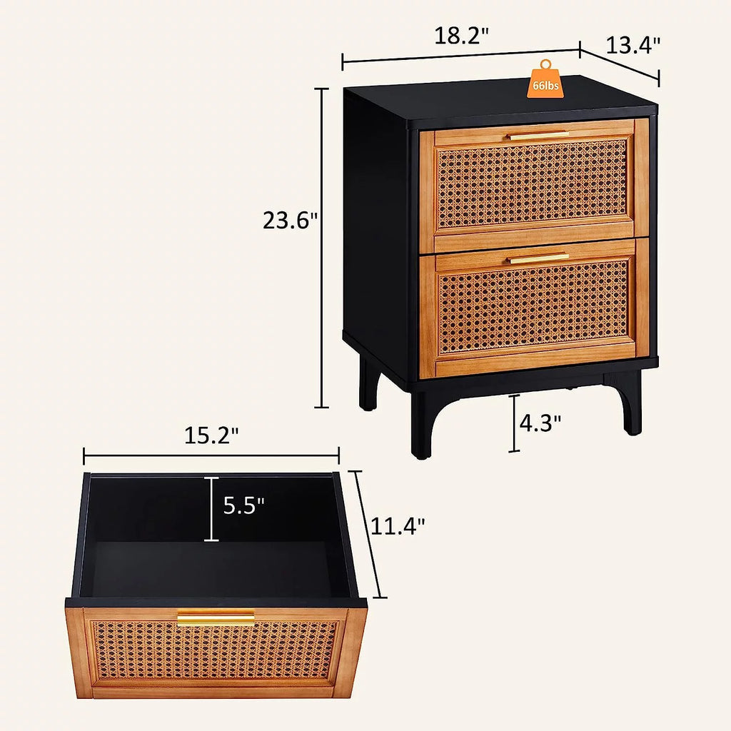 Black Woven Rattan Nightstand with 2 Wood Drawers K443196