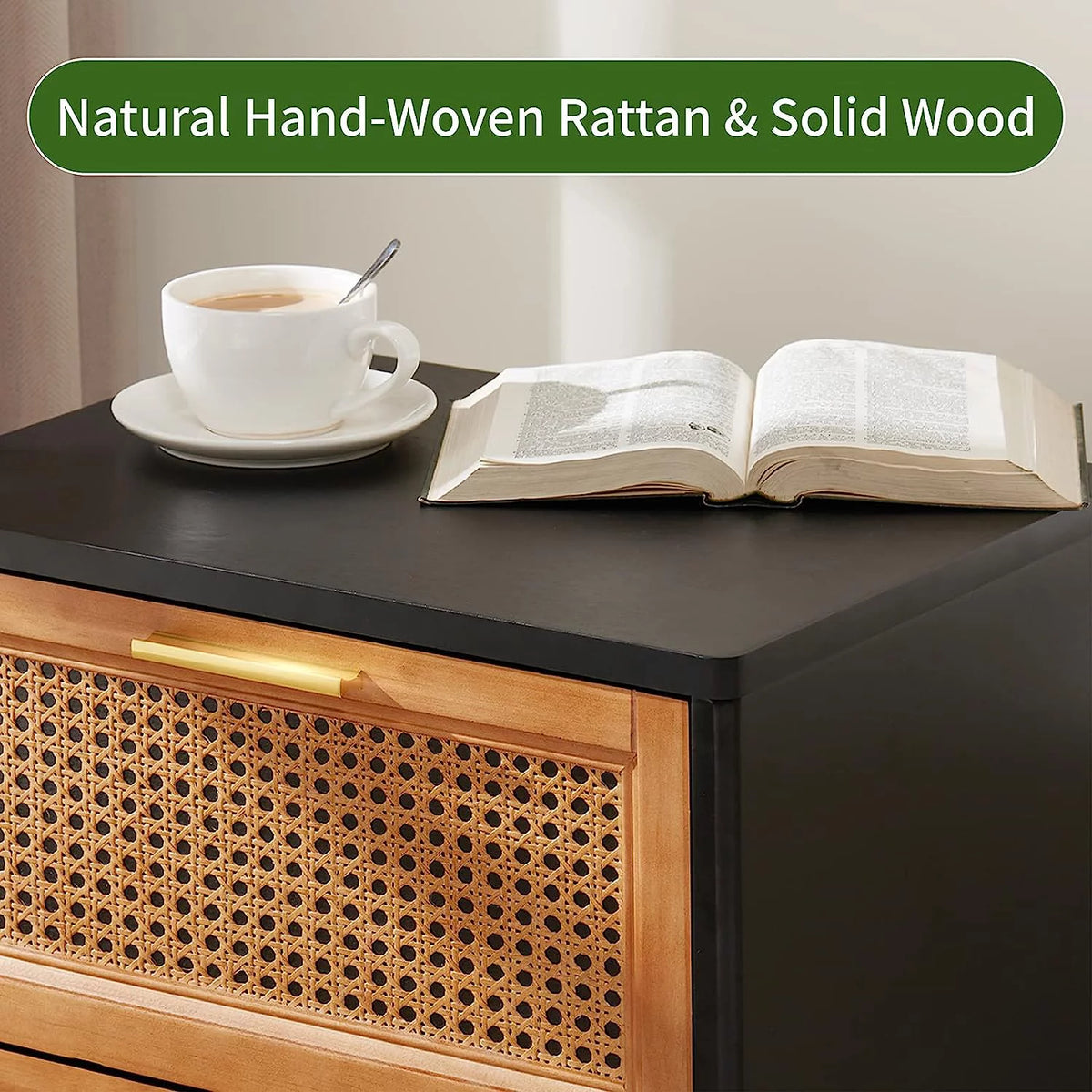 Black Woven Rattan Nightstand with 2 Wood Drawers K443196