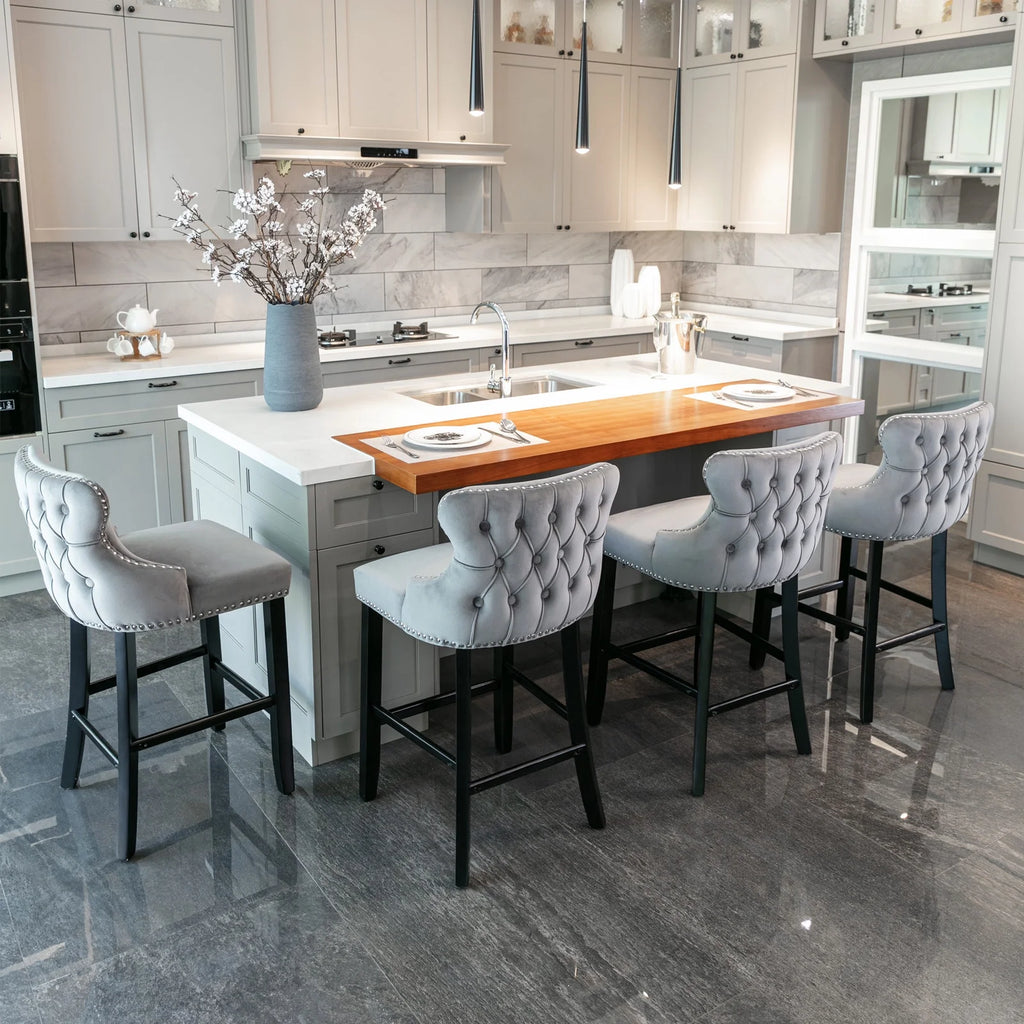 Velvet Wing-Back Upholstered Bar Stools Set of 2 with Solid Wood Legs U83451