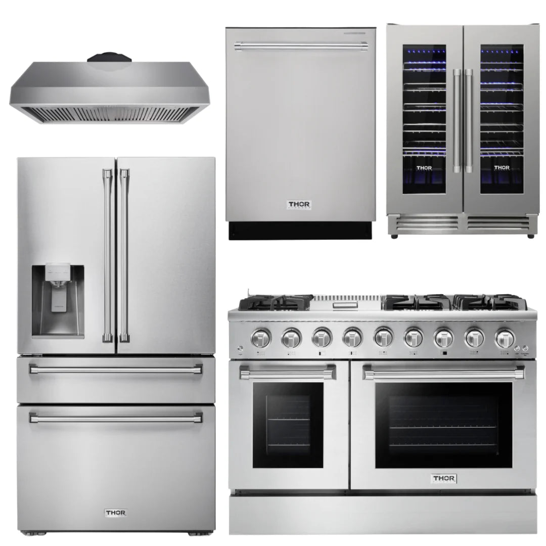48 Gas Range, Range Hood, Refrigerator with Water and Ice Dispenser, Dishwasher, Wine Cooler N71601