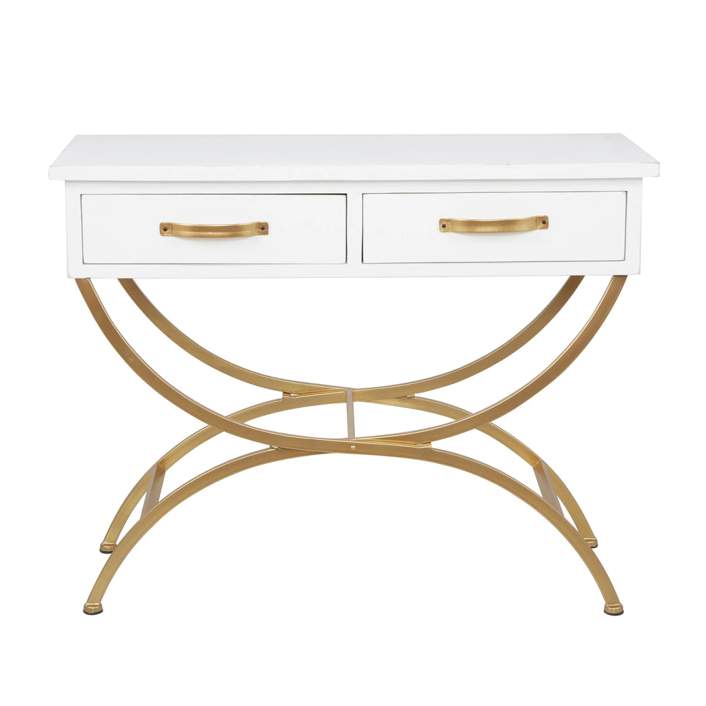 White Wood 2 Drawers Console Table with Arched Base Q501