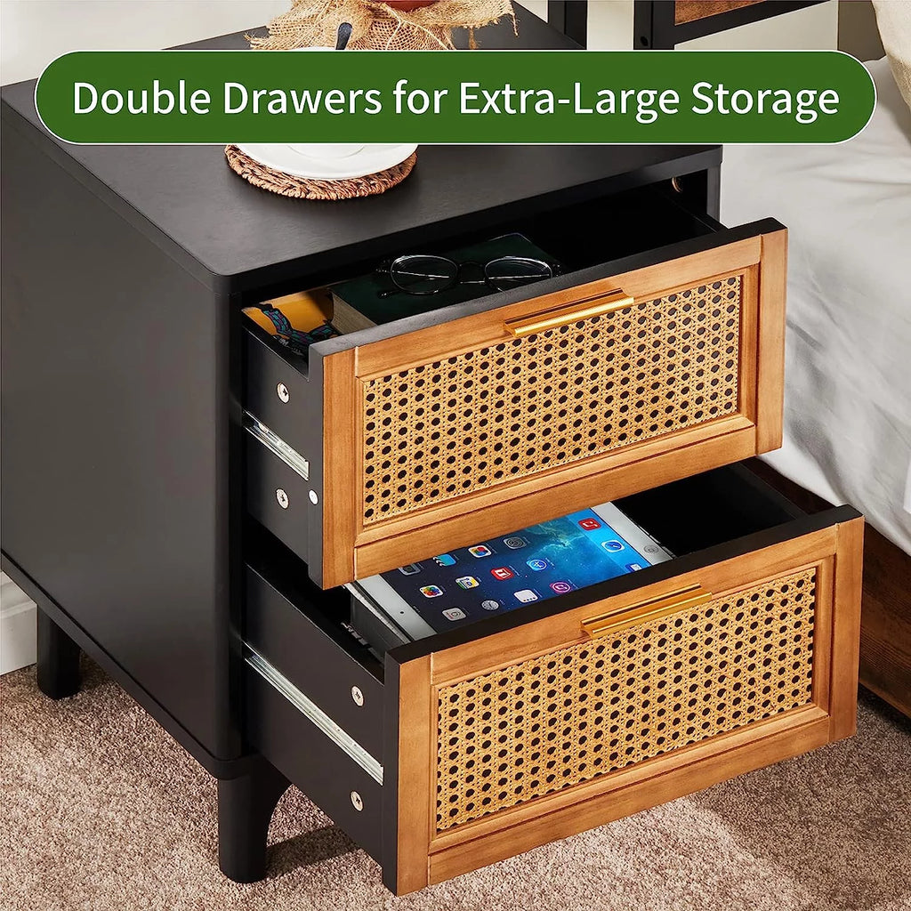 Black Woven Rattan Nightstand with 2 Wood Drawers K443196