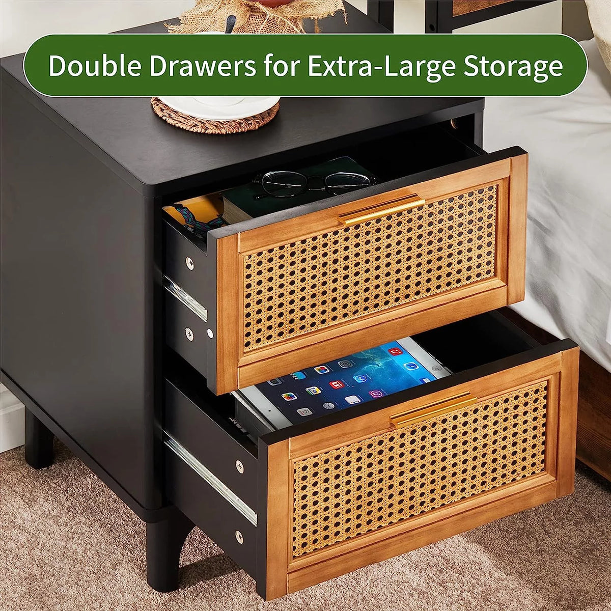 Black Woven Rattan Nightstand with 2 Wood Drawers K443196