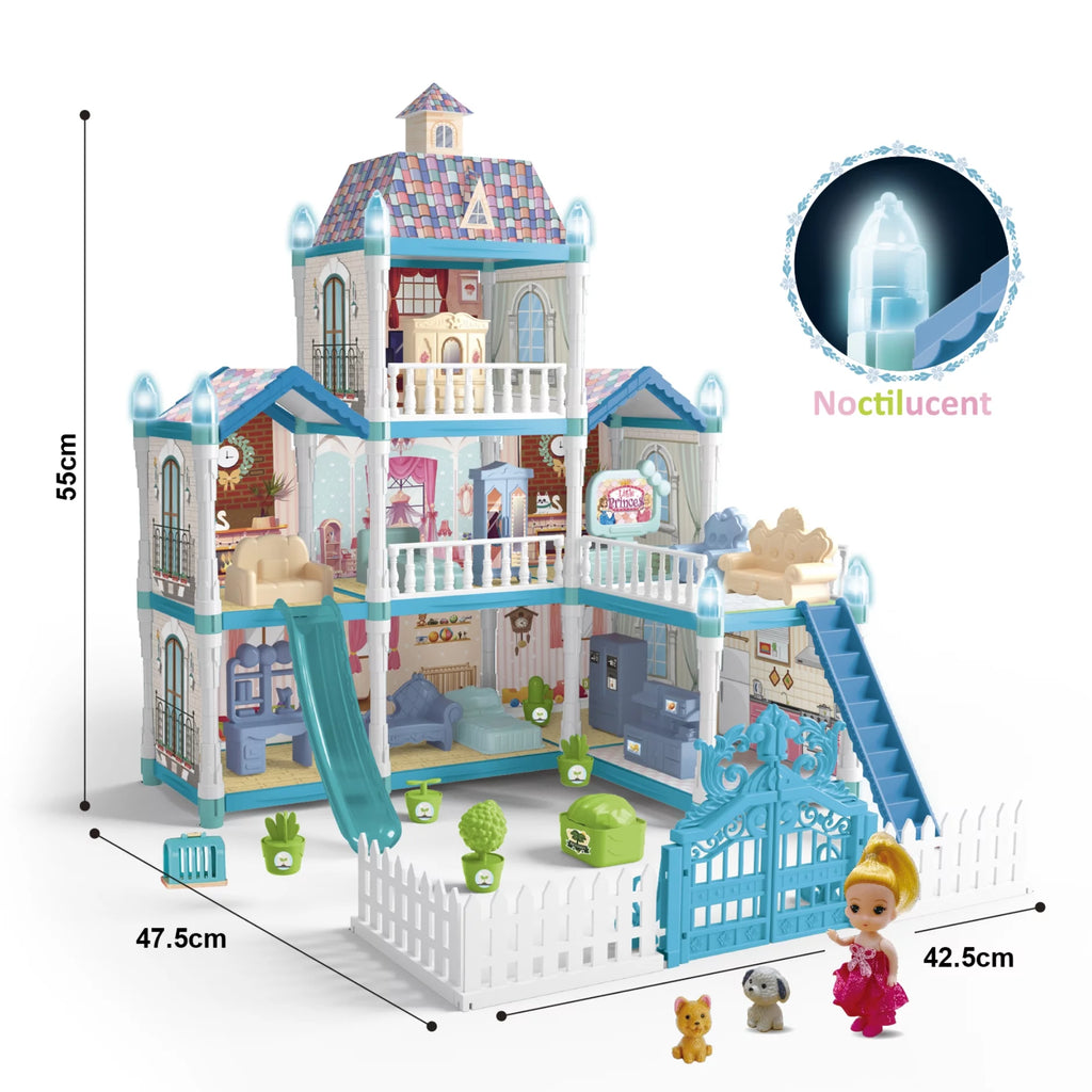 8 Room Dollhouse Play Set with Slide Doll and Furniture Accessories, 191 Pcs D864