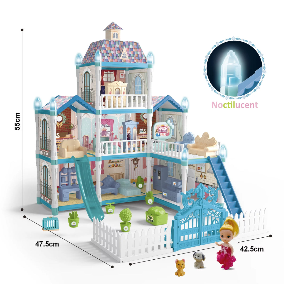 8 Room Dollhouse Play Set with Slide Doll and Furniture Accessories, 191 Pcs D864