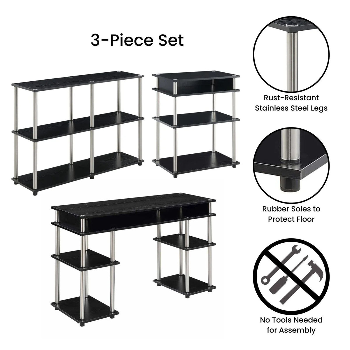 Black Desk with Printer Stand and Console Table Set V968